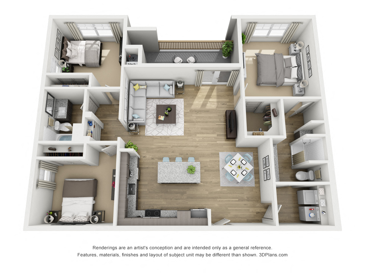 Floor plan for 3 beds, 2 baths, 1287 sqft